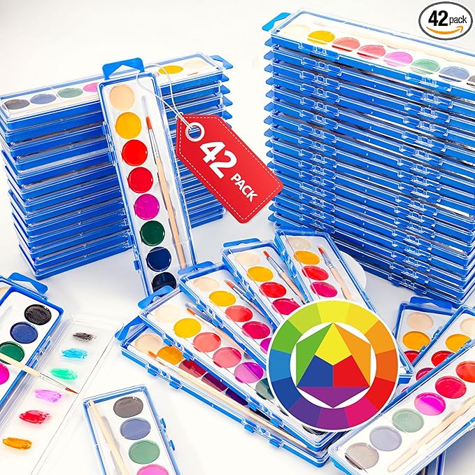 42 Pack Watercolor Paint Set for Kids - 8 Washable,Bright Colors with Paintbrush Watercolor Paint Bulk for Kids Party Favors,Classrooms Supplies,Art Lessons