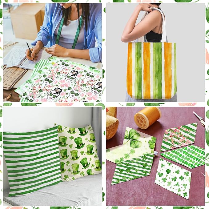 20 Pcs 10''x10'' St. Patrick's Day Quilting Fabric Square Bundle Watercolor Irish Precuts Quiltted Fabric Shamrock Lucky Clover Printed Patchwork Supplies for Patchwork DIY Sewing Craft