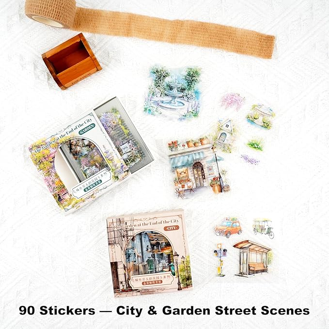 90 PCS City & Garden Street Scene Pre-Cut PET Stickers - Watercolor Backgrounds with Shops Cars Lamps Flowers for Scrapbook Journal Travel Collage Décor