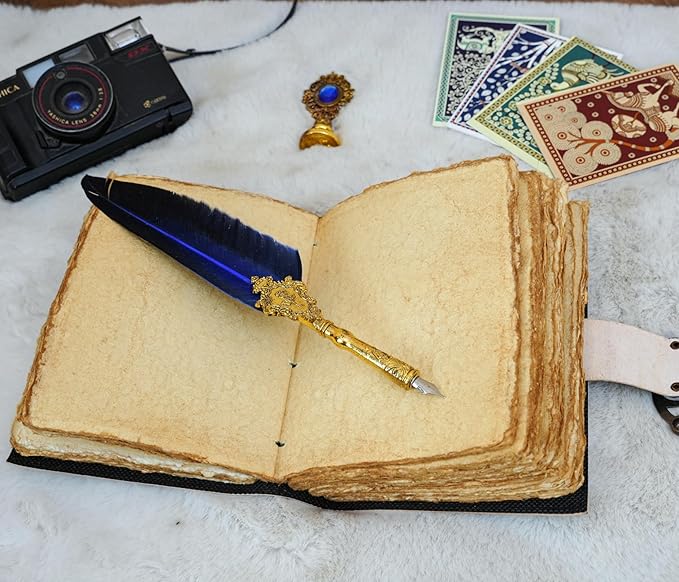 Blank Spell Book of Shadows Grimoire Journal Magic Cat Printed Witchcraft Supplies Witch Wiccan Notebook Handmade Vintage Deckle Paper Leather Sketchbook, Great Gifts 7x5 inches