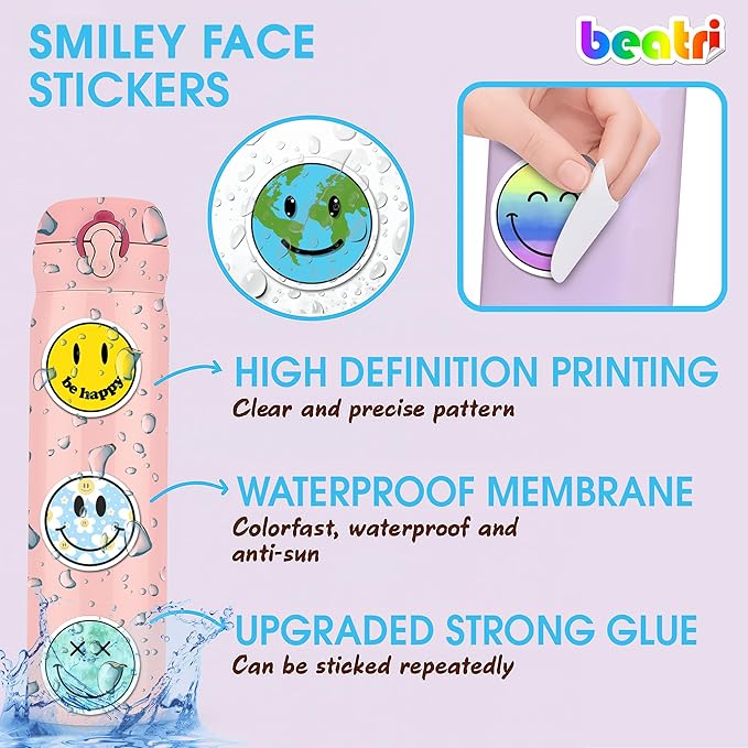 BEATRI Smiley Face Stickers - 50pcs | Waterproof Vinyl Stickers Teaching Rewards, Laptop, Notebooks, Stationery, Luggage | Non-Repeating Decals, High-Definition Print