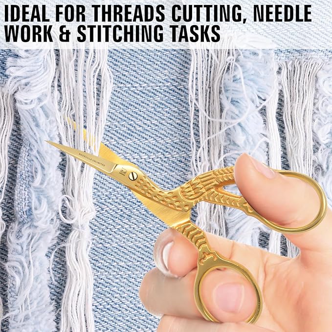 Golden Stork 3.5 inch Embroidery Scissors Gold Plated for Small Sharp Tip Cross Stitch Crane Design Stainless Steel Bird Scissors for Sewing Art & Craft Craft Stitch Cutting Sewing scissors.