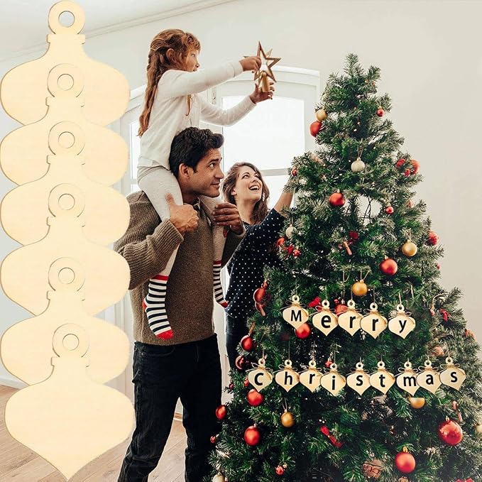 50 Pcs Wooden Ornaments, BetterJonny 3.15 * 2.56in Unfinished Natural Wood Slices with Holes Blank Wood Discs with 50pcs Jute Rope for DIY Christmas Decoration