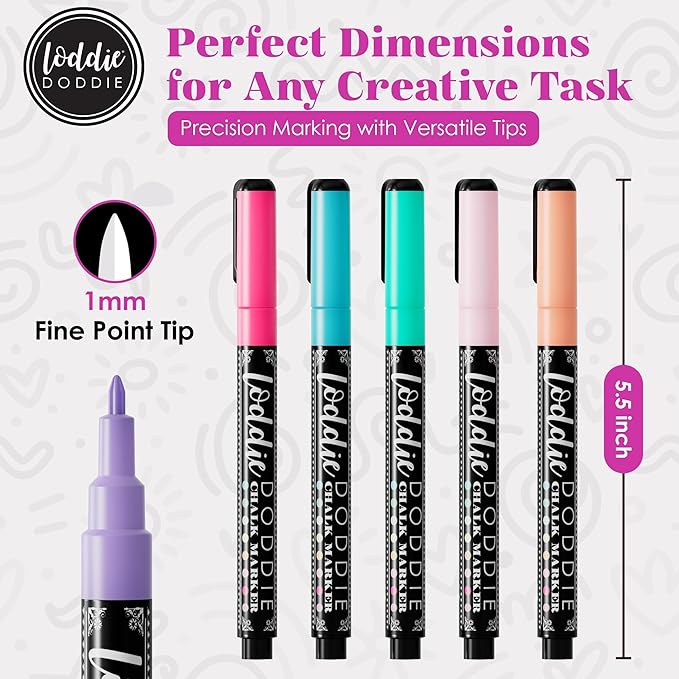 Loddie Doddie Liquid Chalk Markers Fine Tip - 8-Pack, 1mm Tip, Macaron Pastel - High-Precision Detailing & Chalk Pen - Erasable Low-Odor Ink for Blackboard - Versatile Glass & Window Markers