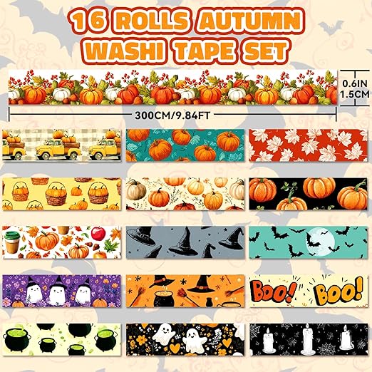 Halloween Washi Tape Set 16 Rolls, Fall & Spooky Decorative Tape, Autumn Washi Tape for Journaling, Crafts, Pumpkin Decor (0.6" x10 ft) - Autumn Leaves, Bats, Pumpkins, Vintage Horror