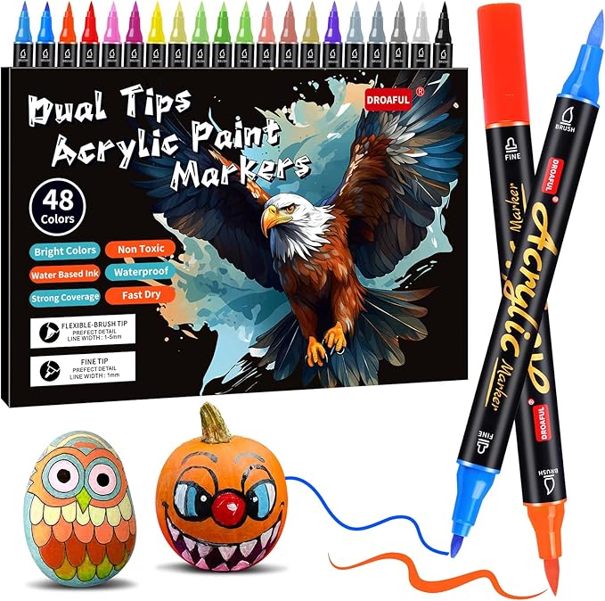 Acrylic Paint Pens Markers, 48 Colors Dual Tips Waterproof Paint Markers For Rock Painting, Fabric, Metal, Glass, Wood, Canvas, Ceramic, Plastic, Non-Toxic & Odor, Premium Art And DIY Craft Supplies