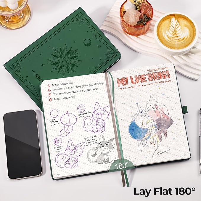 EMSHOI Dot Grid Journal Bullet Notebook - 320 Pages, 100gsm Thick Paper, A5 Hardcover Leather Dotted Journal Notebook for Writing, Sketching, Planning & Creative Projects (5.75"x8.38", Dark Green)