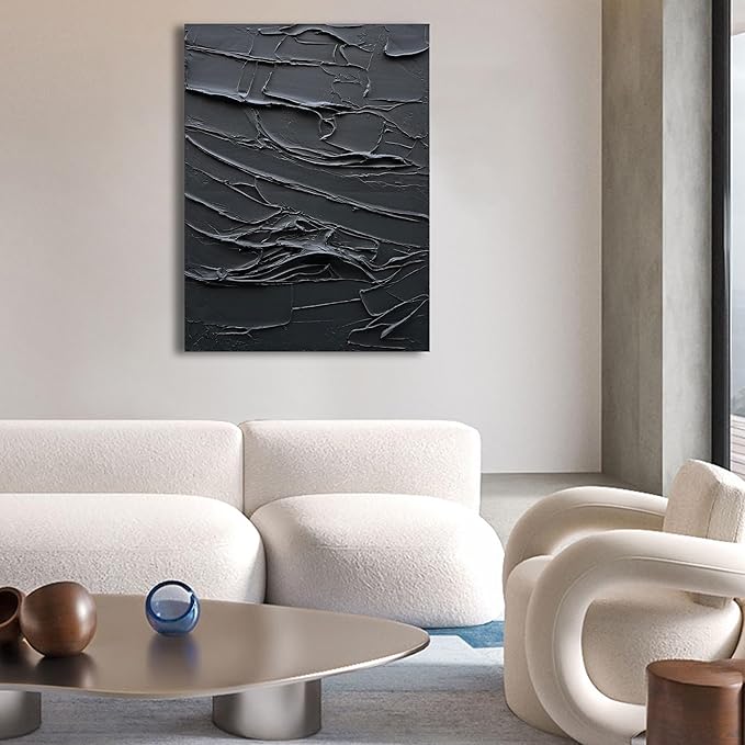 NANKAI Art Hand Painted Thick Texture Black Minimalist Vertical Wall Art 40x28 inches Black Oil Painting Contemporary Art Oil on Canvas