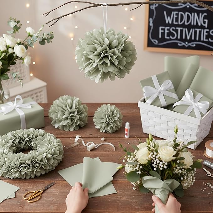 Qilery 500 Sheets Sage Green Tissue Paper Bulk 15 x 20 Inch Acid Free Wedding Flower Wrapping Packing Paper Sheets for Easter Crafts, Gift, Arts Flower, Baby Shower Birthday Party Favor Decoration