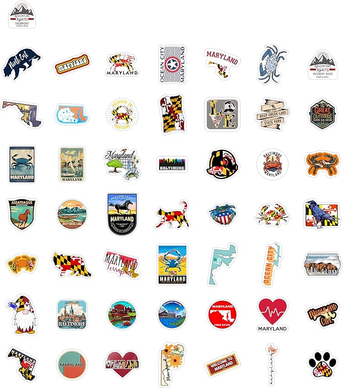 BulbaCraft 100Pcs Maryland Stickers for Water Bottle and Laptop - Maryland Party Supplies & Decorations, Waterproof Vinyl Decals, State Pride and Icon Stickers, Gifts for Women & Men