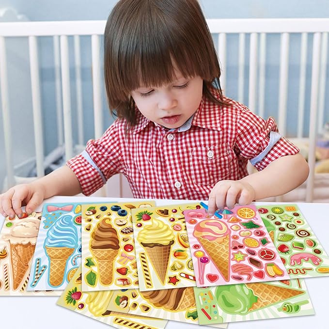 24 Sheets Ice Cream Stickers, Make-a-face Stickers for Kids Toddlers, Make Your Own Mix and Match Stickers, DIY Summer Ice Cream Stickers for Birthday Party Games Teacher Reaward