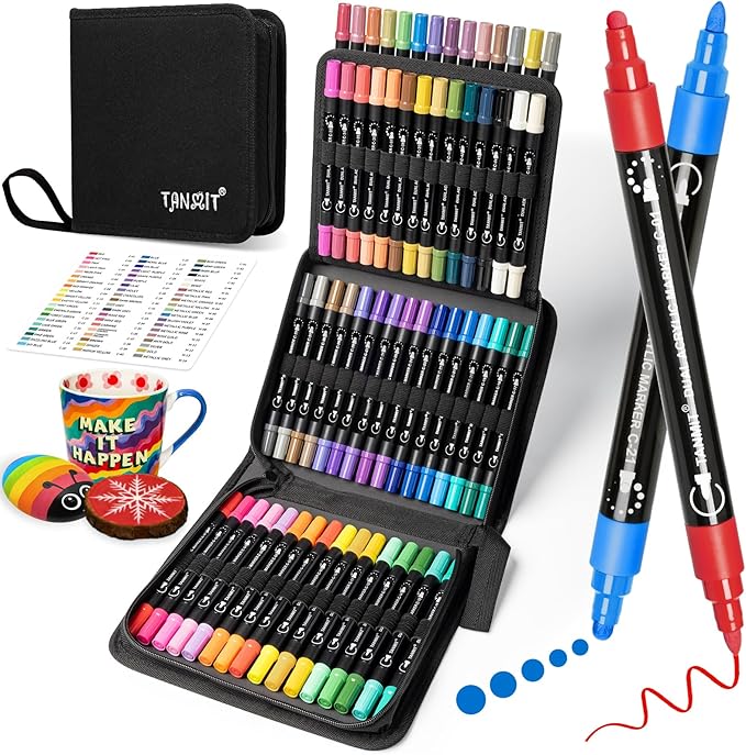 Acrylic Paint Pens Markers, 60 Colors Dual Tip Acrylic Paint Pens for Rock Painting, Wood, Canvas, Stone, Glass, Ceramic Surfaces, DIY Crafts Making Art Supplies (Round Tip and Fine Tip)