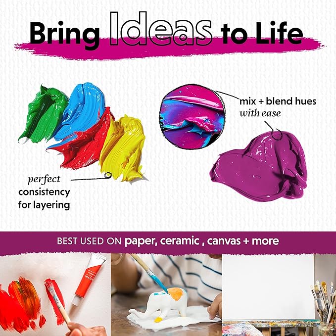 Acrylic Paint Set for Adults and Kids - 12 Pack of 12mL Paints with 3 Art Brushes, Non-Toxic Craft Paint for Easter Eggs, Ceramic Rock Paint - Art Supplies
