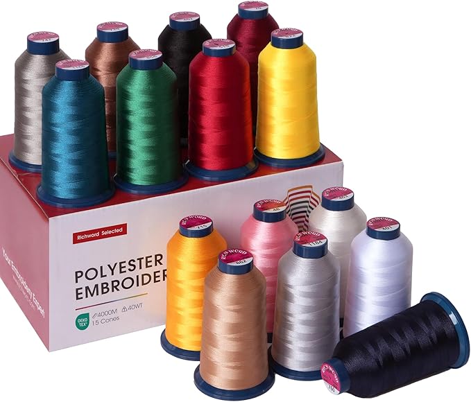 Richword Selected Embroidery Machine Thread 15 Colors 40WT (108D/2) Polyester Thread Kit Each Cone 4000M (4374Y) — Studio Essentials Set with Black & White Included