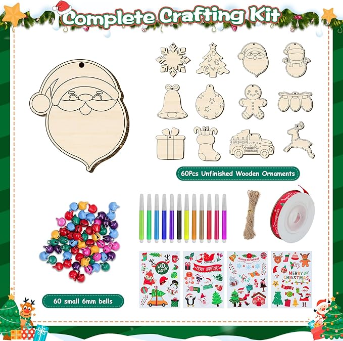 BAPHILE 60PCS DIY Christmas Wooden Ornaments Unfinished Wood Slices to Paint, 138pcs Predrilled Wood Circles Kit Craft Making for Christmas Tree Decorations Hanging Decor Xmas Present Tags