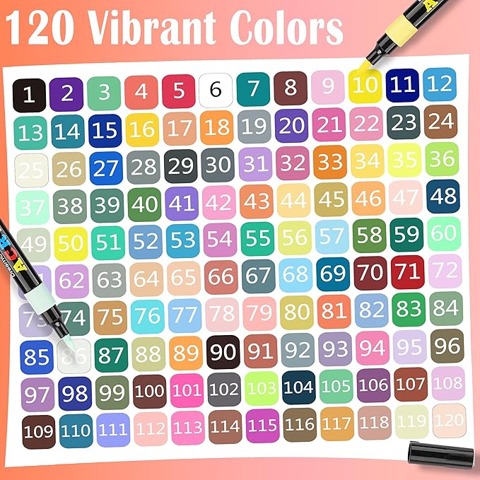 120 Colors Acrylic Markers Set,Brush Tip Acrylic Paint Pens for Painting on Rocks, Canvas, Ceramic, Wood, Glass - Perfect for Artists and Adults - DIY Crafts, Holiday Decorations & Art Supplies