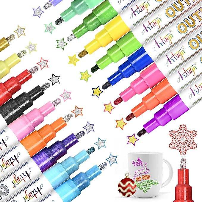 Glitter Markers Outline Pens, Christmas Stocking Stuffers 4-16 Year Old, 18 Pack Gold and Silver Shimmer Metallic Marker Arts Crafts Supplies for Kids Ages 6 to 8, 9-12 Birthday Gifts for Tweens