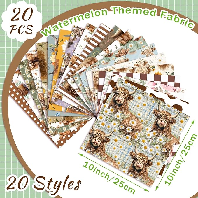 HunnmingRe 20 Pcs 10''x10'' Vintage Highland Cow Quilting Fabric Square Retro Highland Cow Quiltted Fabric Bundle Multicolor Precuts Printed Patchwork Supplies for Holiday DIY Sewing Craft