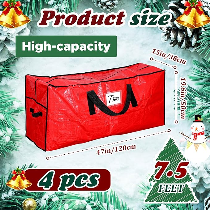 Amylove 4 Pcs Large Christmas Tree Storage Bags Heavy Duty Xmas Zippered Bags Bulk Waterproof Plastic Christmas Tree Container with Carry Handles(7.5 ft,Red)