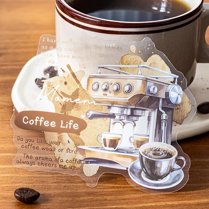 Coffee Aesthetic PET Stickers, 60 Pcs Large Collage Ephemera for Scrapbooking, Journaling, DIY Crafting, and Art Supplies