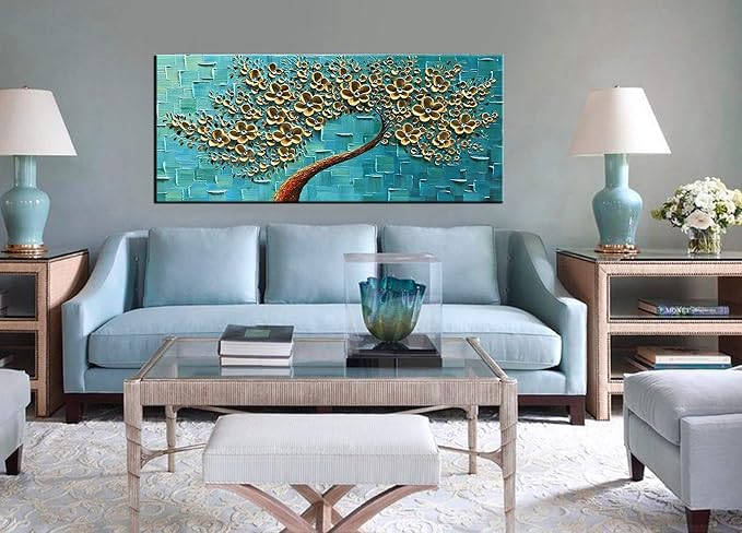 YaSheng Art - 3D Golden Flowers Oil Painting, Oil Painting On Canvas Texture Palette Knife Flowers Tree Paintings Abstract Landscape Artwork Canvas Wall Art Living Room Bedroom Home Decor 24x60inch