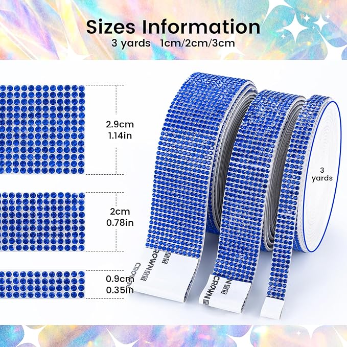 Novani Self Adhesive Rhinestone Ribbon, 1.14 Inch Wide 3 Yards 1 Roll, Royal Blue Crystal Diamond Bling Strips for DIY Crafts,Home Decor,Glitter Glass Rhinestones Tape for Crafting,Car Decoration