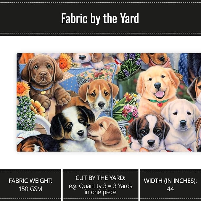 Garden Puppies Print 100% Cotton Fabric Material by The Yard for Sewing, by David Textiles, 44 Inches Wide