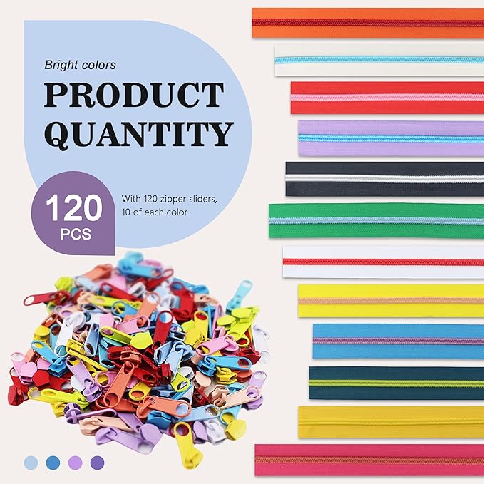 SHRJ 12Pcs 36 Yards Sewing Zippers #5 Nylon Coil in Assorted Colors with 120 Zipper Sliders Pull Head Zipper Repair Kit for DIY Tailor Sewing Crafts Supplies Clothes Bag