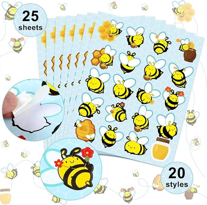 Containlol 500 Pcs Waterproof Bee Stickers 25 Sheets 20 Styles Cartoon Self-Adhesive Honey Bee Stickers for Chart DIY Crafts Scrapbooking Party Favors
