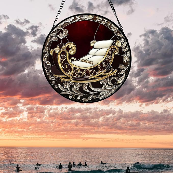 Stained Glass Window Hanging 4 Pcs Set Christmas Golden Bell Sleigh 6.3" - Suncatcher Door Garden Sun Catcher Decor Birthday Mother's Day Xmas Gifts for Mom Woman Nana Men Parents