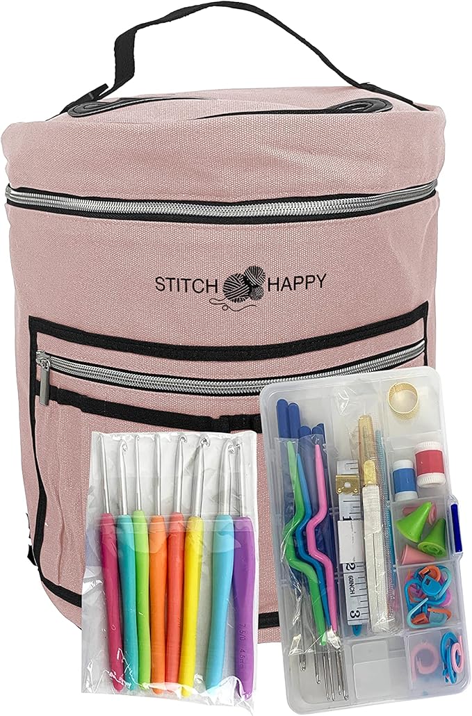 Designer Stitch Happy Crocheting Kit: 52 Piece Crochet Kit for Beginners & 7 Pocket Yarn Bag, Signature Yarn Storage - Tan