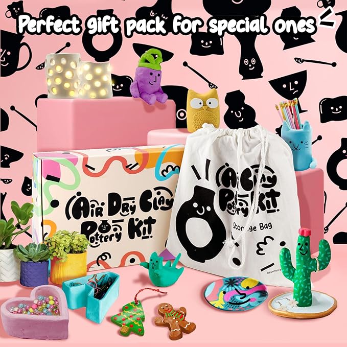 Air Dry Clay Pottery Kit for Adults, DIY Pottery Craft Clay Kit for Beginners, Sculpting Tools Set & Step-by-Step Guide, 12 Paints, Paintbrush, Varnish, Sponge, Kids Teen Party Birthday Christmas Gift