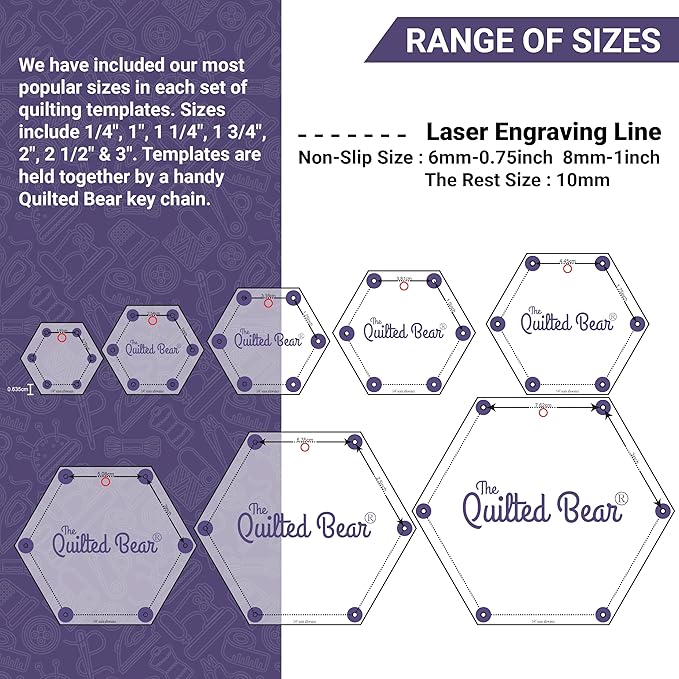 The Quilted Bear Diamond Quilting Templates – 8 Clear Non-Slip Acrylic Quilt Templates for Precise Fabric Cutting & Stress-Free Machine Quilting - Ideal for Quilt & Sewing Supplies (¾–3")