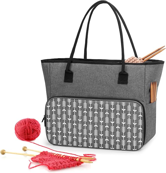 Yarwo Knitting Crochet Bag, Yarn Storage Tote Bag for WIP Projects, Yarn Skeins, Crochet Hooks and Knitting needles, Christmas & New Beginnings Gifts for Women, Gray with Arrow (Bag Only)
