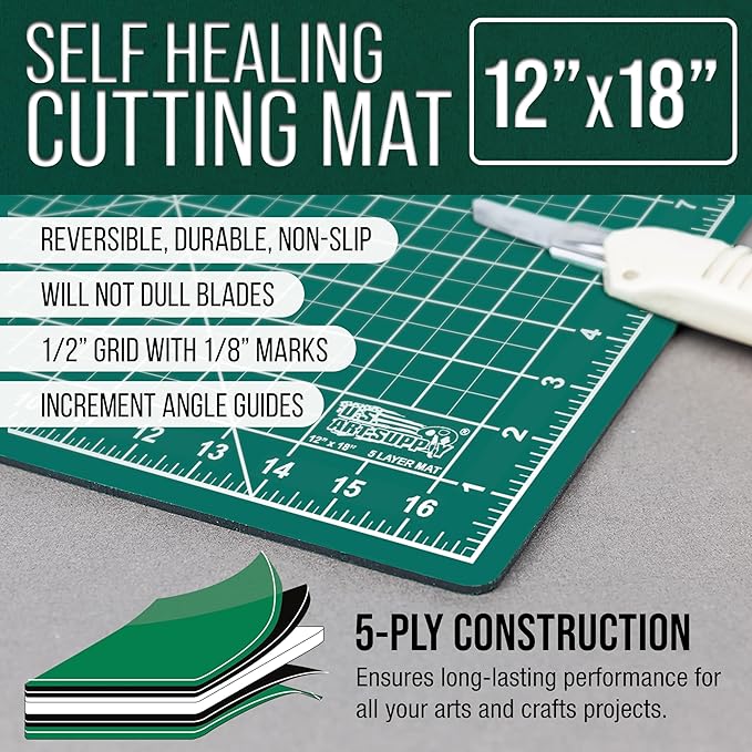 U.S. Art Supply 12" x 18" Self-Healing Cutting Mat 5-Ply - Double-Sided Green/Black Craft Mat, Non-Slip Cutting Mats for Crafts, Sewing, Quilting, Scrapbooking