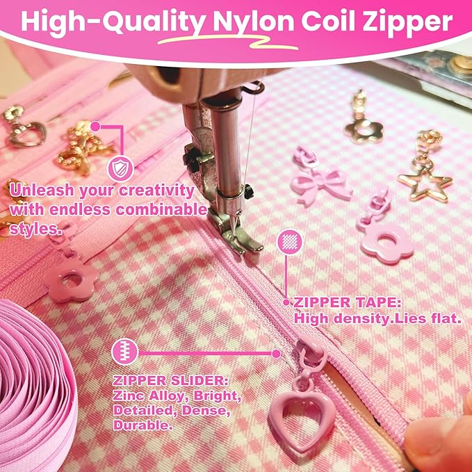 Mylbeter #3 Nylon Coil Zippers by The Yards Pink Bulk Zippers 10 Yards with 40PCS Sliders Continuous Zipper Tape for DIY Bag Clothing Sewing Crafts Gold Pull Sliver Slider Zipper for Bags and Purses
