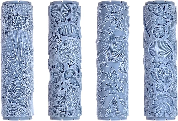 Shells and Seafloor Collection 4-Pack Clay Texture Rollers (4") - Seamless Ocean Set #01 - Embossing Pattern Rollers for Polymer & Ceramic Clay, Pottery & Crafts