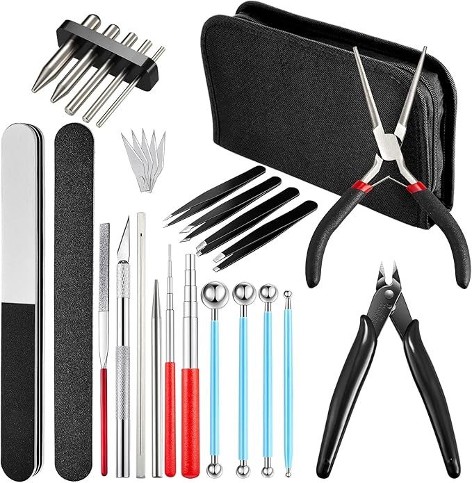 24pcs Metal Puzzle Tool Set DIY Model Kits With Clippers, Edge Bending Tab, Twisting Cylinder, Cone Shape Bend Assist, Wire Wrapping Mandrel, Ball Stylus and Bag