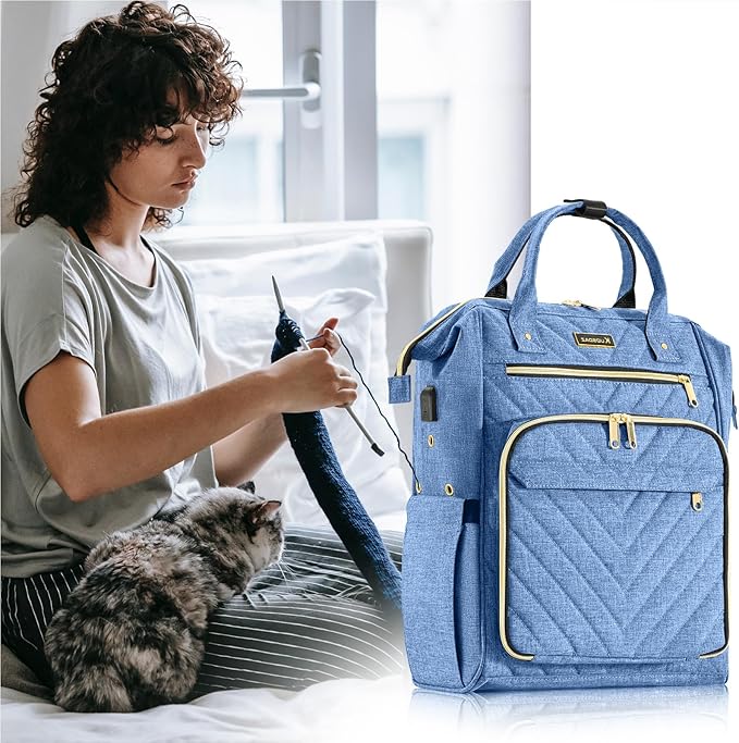 Knitting Bag Backpack, Yarn Organizer with USB Charging Port, Quilted Backpack for Women, Christmas Gifts Large Travel Crochet Bag Totes for Crochet Hooks, Knitting Needles, Yarn Supplies, Blue