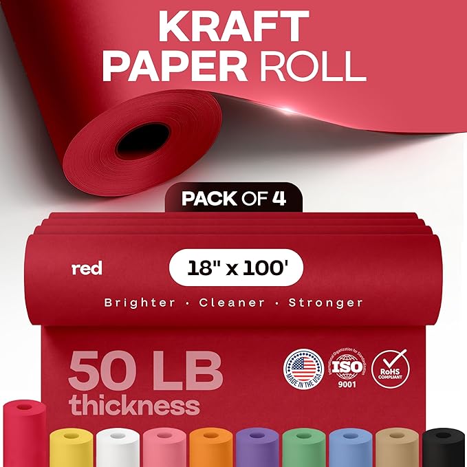 18" x 1200" (100 ft) Red Kraft Paper Roll, Pack of 4 - USA-Made Quality Craft Paper for Gift Wrapping, Kids' Arts & Crafts, School Projects - 100% Recycled, 50 lb Natural Material by IDL Packaging