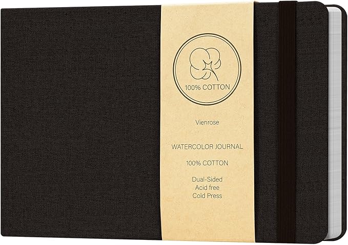 Vienrose Watercolor Sketchbook, 5.5"x8.2" Watercolor Journal with 24 Sheets 140 LB (300 GSM) Cotton Watercolor Paper, Black Linen Cover Watercolcr Sketch Book As Travel Notebook Mixed Media Pad