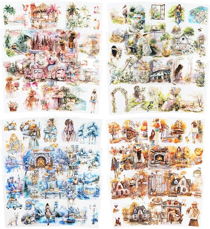 Seasons Journey Pre-Cut PET Sticker Set, 80 Sheets of Seasonal Travel-Themed Stickers for Scrapbooking, Journaling, DIY Crafts, and Junk Journal Ephemera