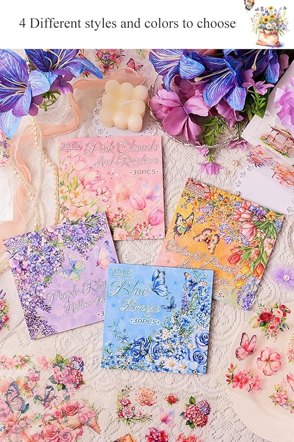MAFELOE 30 Pages PET Scrapbook Stickers of Creative Flowers Theme, Aesthetic Deco Journaling Supplies for Junk Bullet Diary Album Calendars-Purple (Y3-P-WSSL)