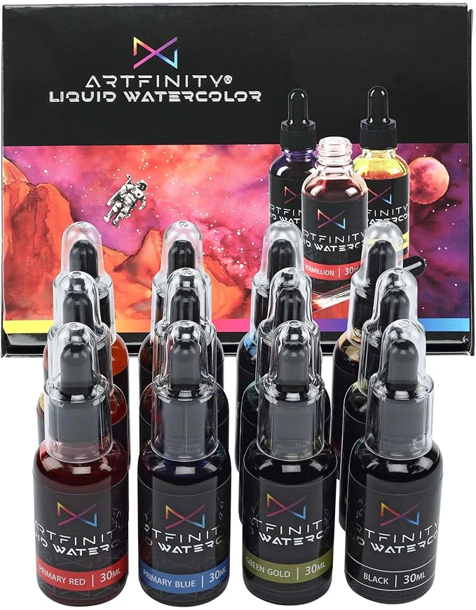 Liquid Watercolor Paint 30 ml Bottles, Set of 12 Colors - Vibrant Dye-Based Liquid Watercolor w/Glass Pipette, Fast-Drying, Fine Art Paint for Calligraphy, Airbrushing & Traditional Art