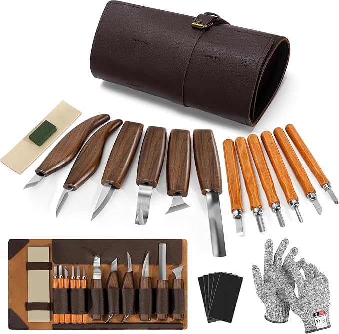 Wood Carving Tools, 17Pcs Wood Carving Kit with PU Storage Bag with 6Pcs Whittling Knives & 5 Detail Carving Knives for Adults Carving DIY