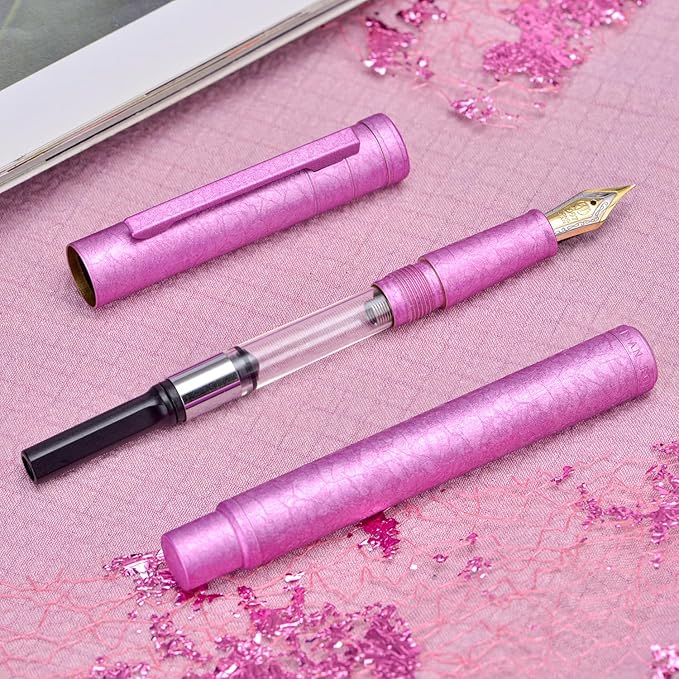 Hongdian 1851 Forest Fountain Pen Pink Ice Flowers, Blade Nib Classic Design Calligraphy Pen with Converter and Metal Pen Case