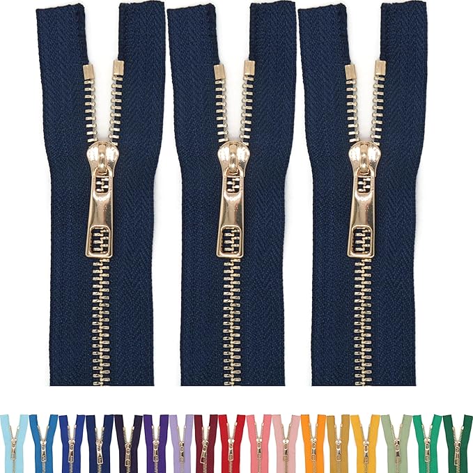 #5 Gold Metal Zipper - 50+ Colors - 3 PCS - (4-14 inches) Sizes - Luxury Lightweight Handcraft Metal Zippers with pulls for Purses Bags Pockets Shoes Sewing & Crafts DIY ZP024310