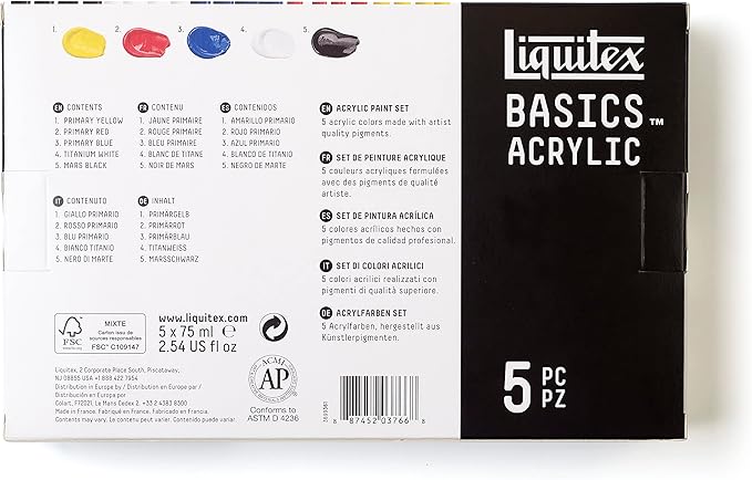 Liquitex BASICS Acrylic Paint Set, 5 x 75ml (2.4-oz) Tube Paint Set