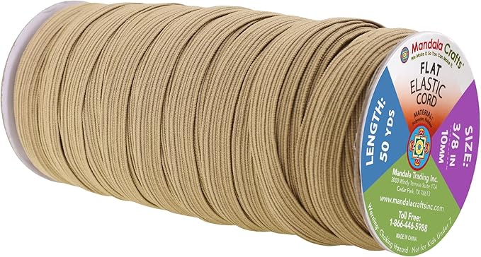 Mandala Crafts 10mm 50 Yds Roll of Dark Khaki Elastic Bands for Sewing - 3/8 Flat Elastics Cord - 3 8 Inch Braided Stretch Straps for Crafting
