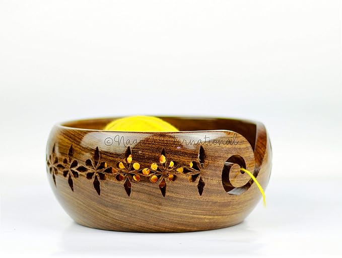Nagina International Rosewood Crafted Wooden Yarn Storage Bowl With Carved Holes & Drills | Knitting Crochet Accessories (Small)